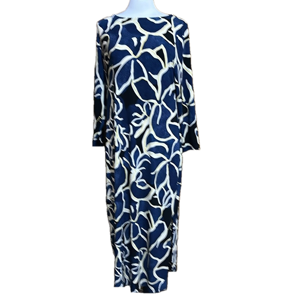Chico's Travelers Collection Floral Midi Dress Blue Long Sleeve Size 12 - NWT